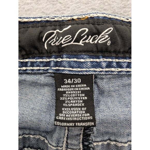 True Luck Jeans Mens 34x30 Blue Straight Leg Denim Contrast Stitch Embroidered - Picture 14 of 15